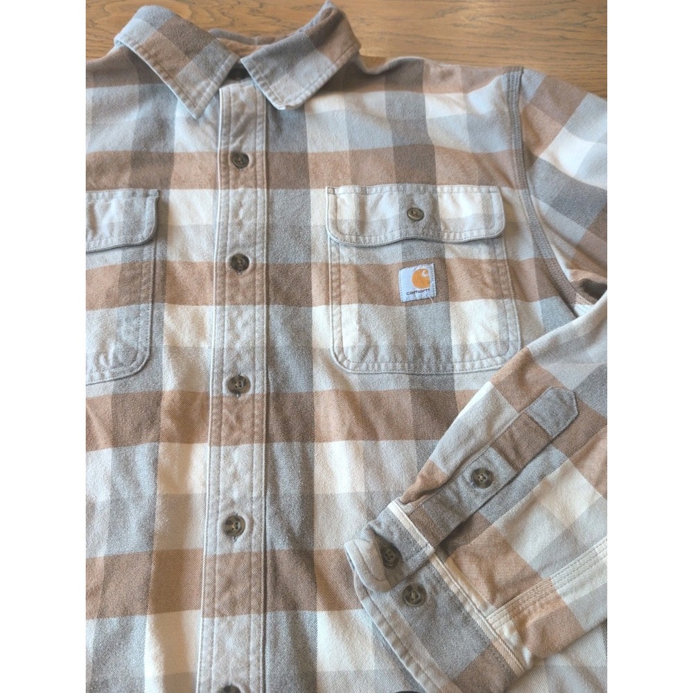 Carhartt Loose Fit Heavyweight Flannel Long Sleeve Brown Plaid Shirt Mens Med